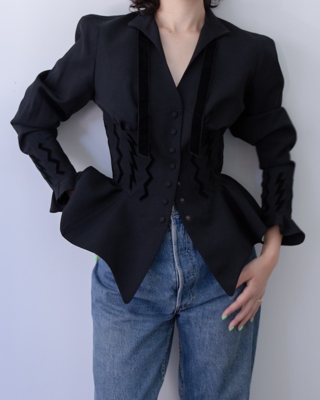 late 1980s Thierry Mugler - velvet trimmed peplum jacket