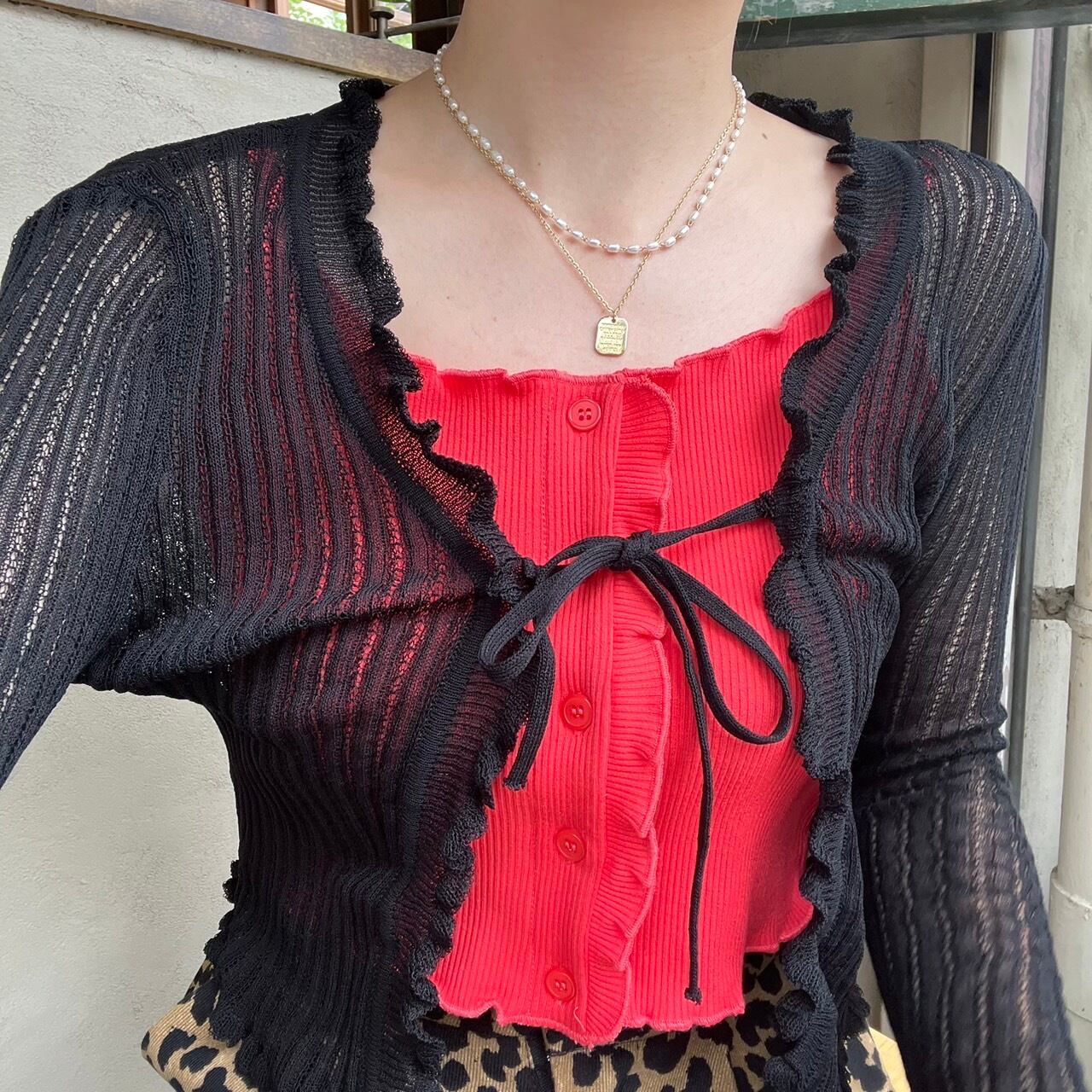 リブニットシアーフリルリボンカーディガン_LN02233