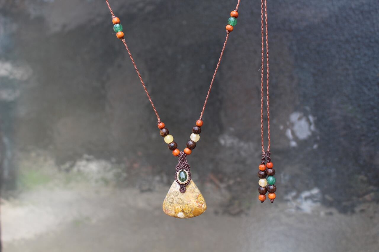 Fossil Coral & Green Tourmaline micro macrame woody pendant