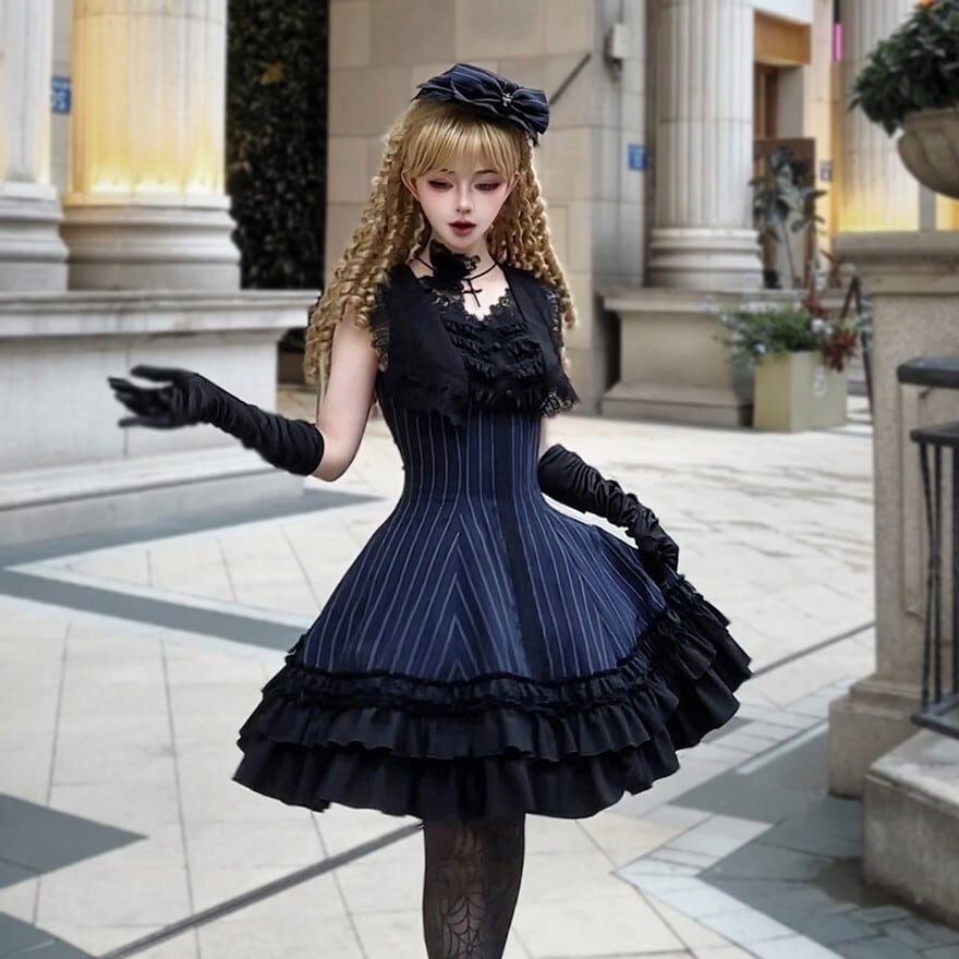 ゴスロリ ドレス ジャンパースカート ジャガード織り フリル レース