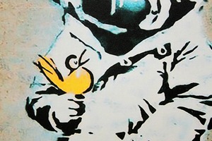 バンクシー「スペースガール アンド バード/Space Girl and Bird」展示用フック付きキャンバスジークレ