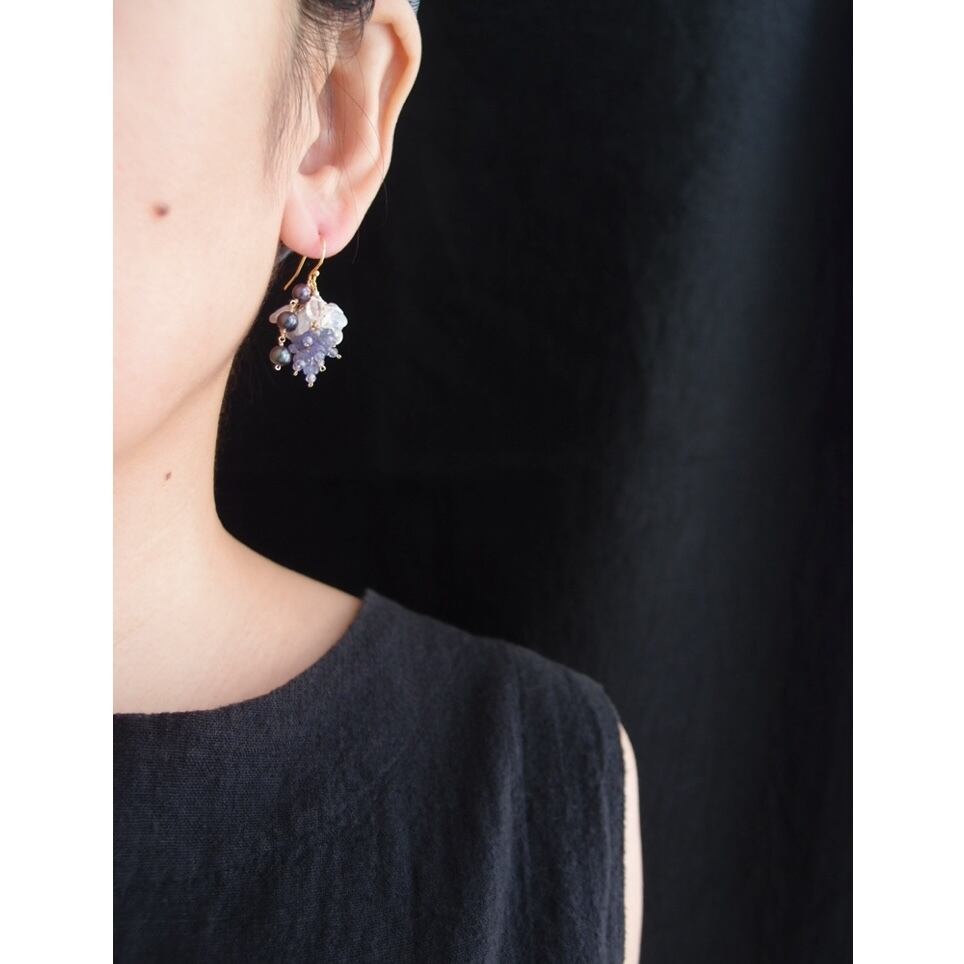 【K14gf】Tanzanite × Blue Moonstone × Pearl Earrings/タンザナイト×ブルームーンストーン×パール フリンジピアス