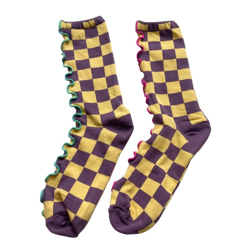 【solmu×HITOTSUDAKE】mellow block check socks（イエロー×パープル）ミントグリーン×濃いピンク