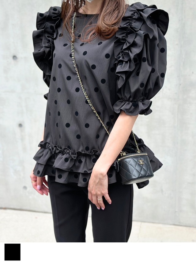 (再入荷)フロッキードットフリルトップス