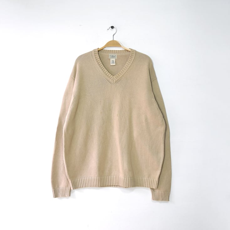 L.L.Bean コットンニット Vネック セーター メンズL LLビーン エルエルビーン ベージュ アウトドア 古着 @CH0860
