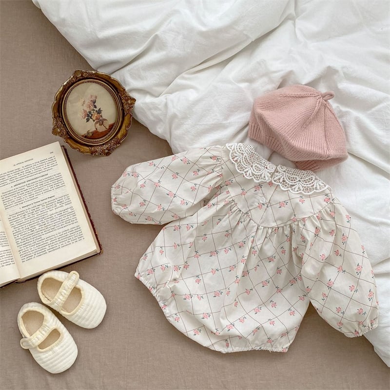 女の子 ロンパース レース襟 綿100 長袖 可愛い ベビー服 総柄