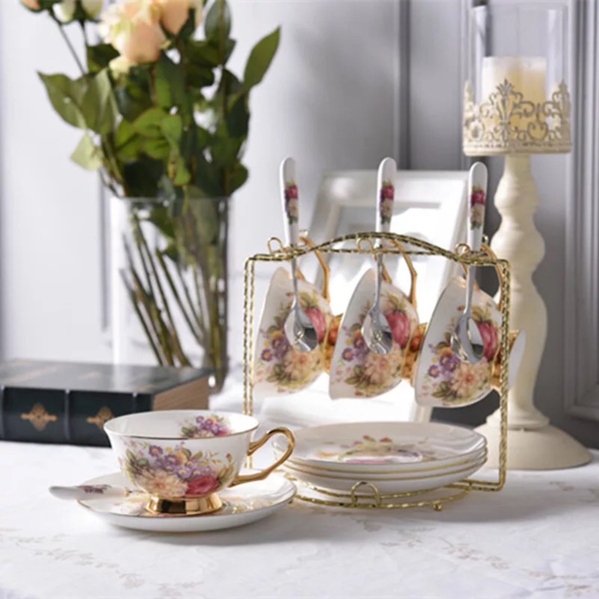 ティー・コーヒーカップセット カップ＆ソーサー4客セット 花柄 姫系 