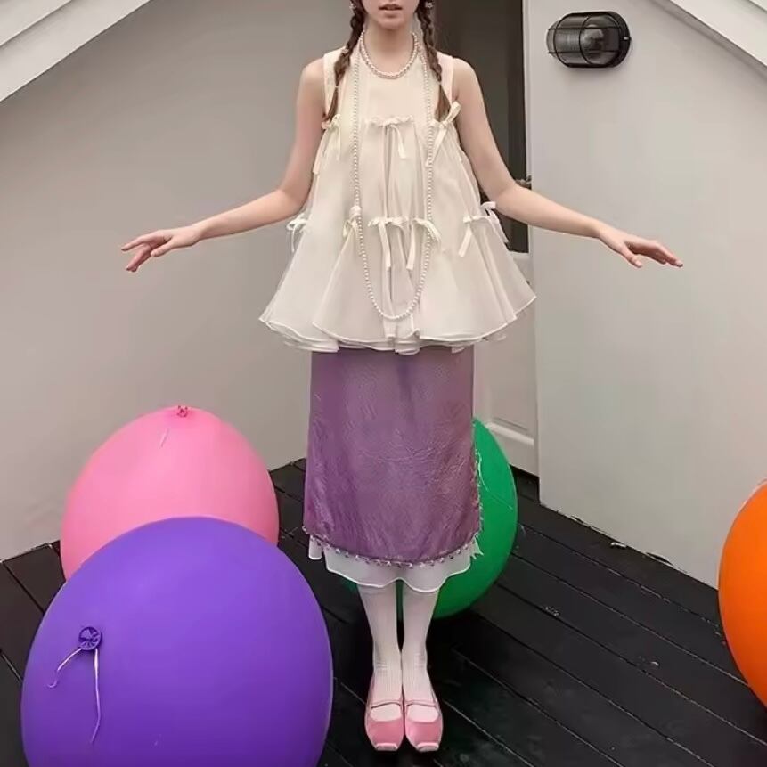 ribbon flare sleeveless tops