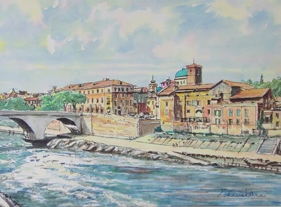 川勝茂弘「 ローマ・テレべ川」（イタリア） 水彩画 額縁外寸53.0x41