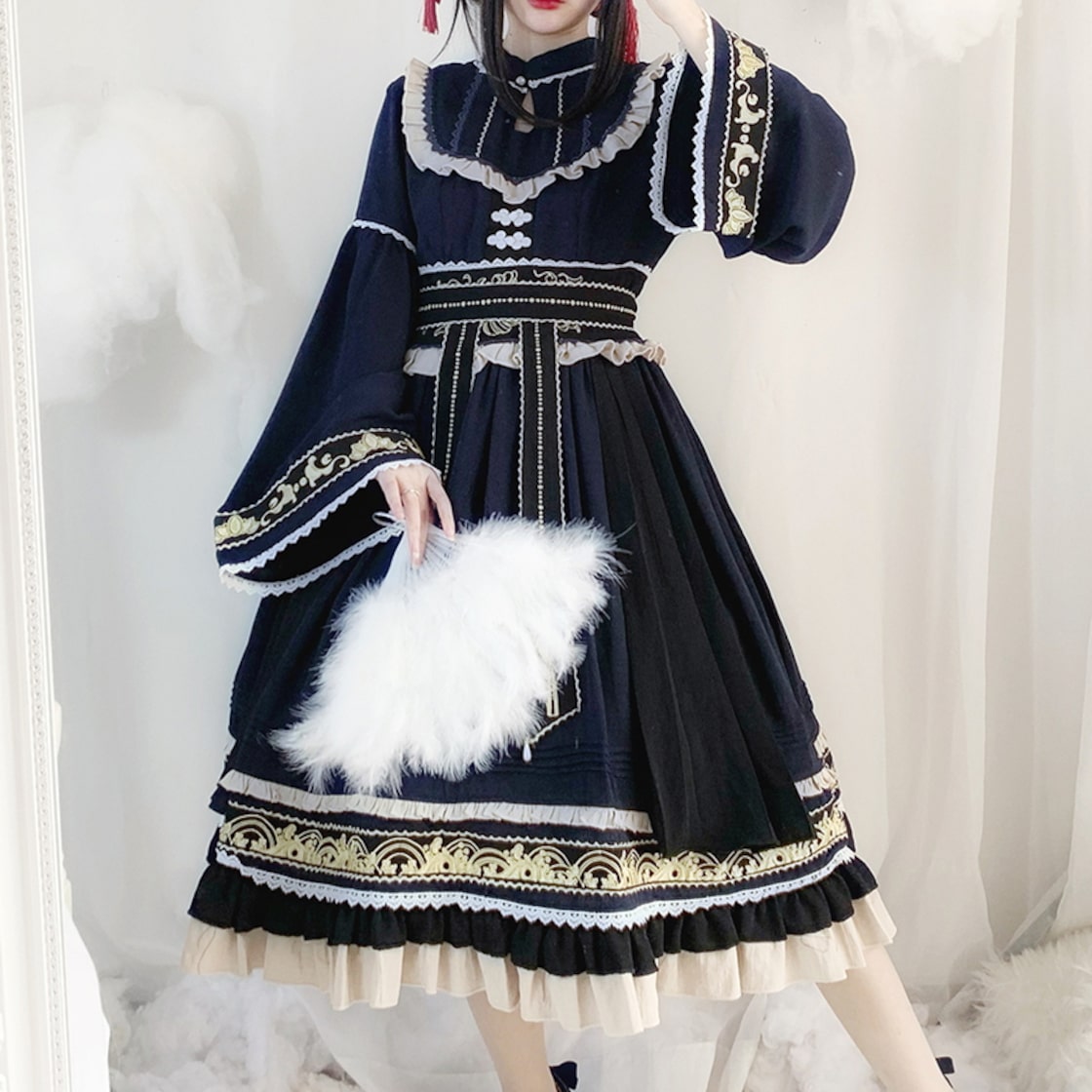 ゴスロリ系 病み可愛い ワンピ ネックギャザー ハイウエスト ワイド 