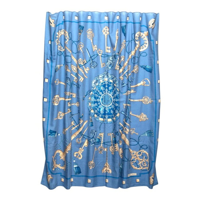 エルメス カレジェアン カレ140 LES CLES THE KEYS RARE 鍵 スカーフ ライトブルー マルチカラー カシミヤ シルク レディース HERMES 【中古】
