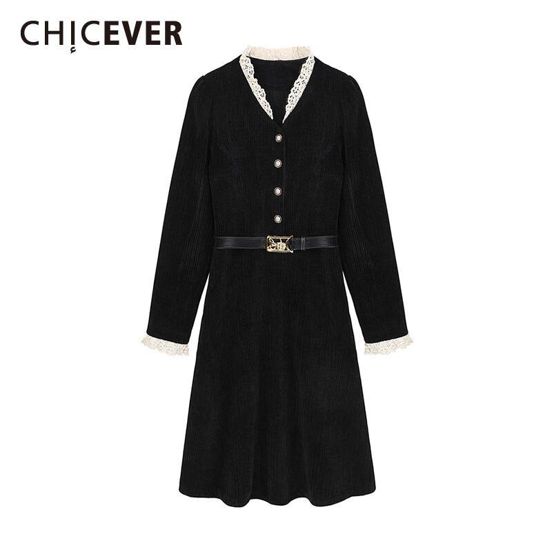 CHICEVERブラックコーデュロイドレスレディースVネック長袖パッチワークサッシレースミディドレス2020秋の服 ロング オータム 秋物 6base516375427782