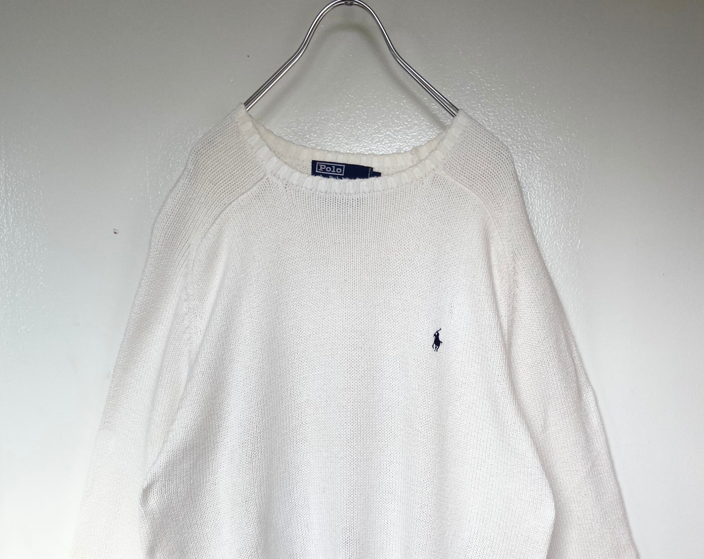 美品 90s古着  POLO Ralph Lauren/ポロ ラルフローレン ニット セーター 刺繍ロゴ ホワイト