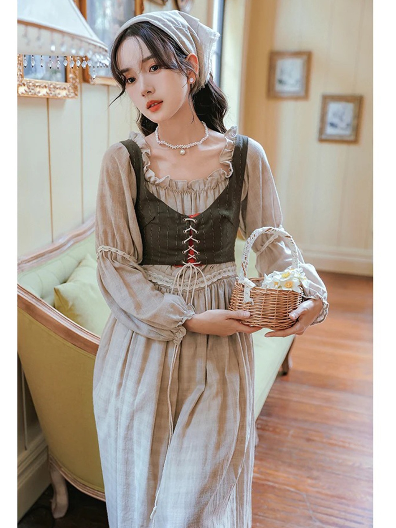 【0120】2sets Check Retro Long Sleeve Dress