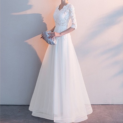ドレス イブニングドレス ウエディングドレス ホワイト Aライン レース 袖あり 5分丈 ロングドレス 大きいサイズ きれいめ ウエストマーク 透け感 大人 チュールスカート パーティー 二次会