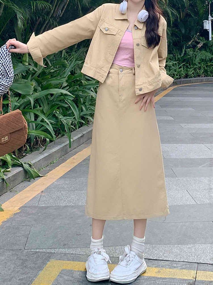 ショートデニムジャケット×台形デニムスカート セットアップ カジュアルコーデ おしゃれ 大きいサイズ 韓国 CH6862