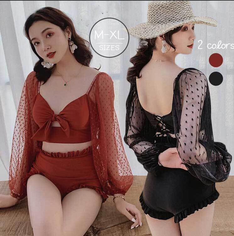 韓国風 夏ドット柄 長袖水着 りぼん 日焼け防止 体型カバー