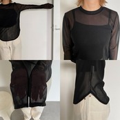 tulle sheer crew neck tops/black