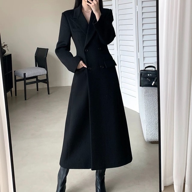 ダブルブレスト ロング丈 フレアシルエット ウールジャケット　YH9670
