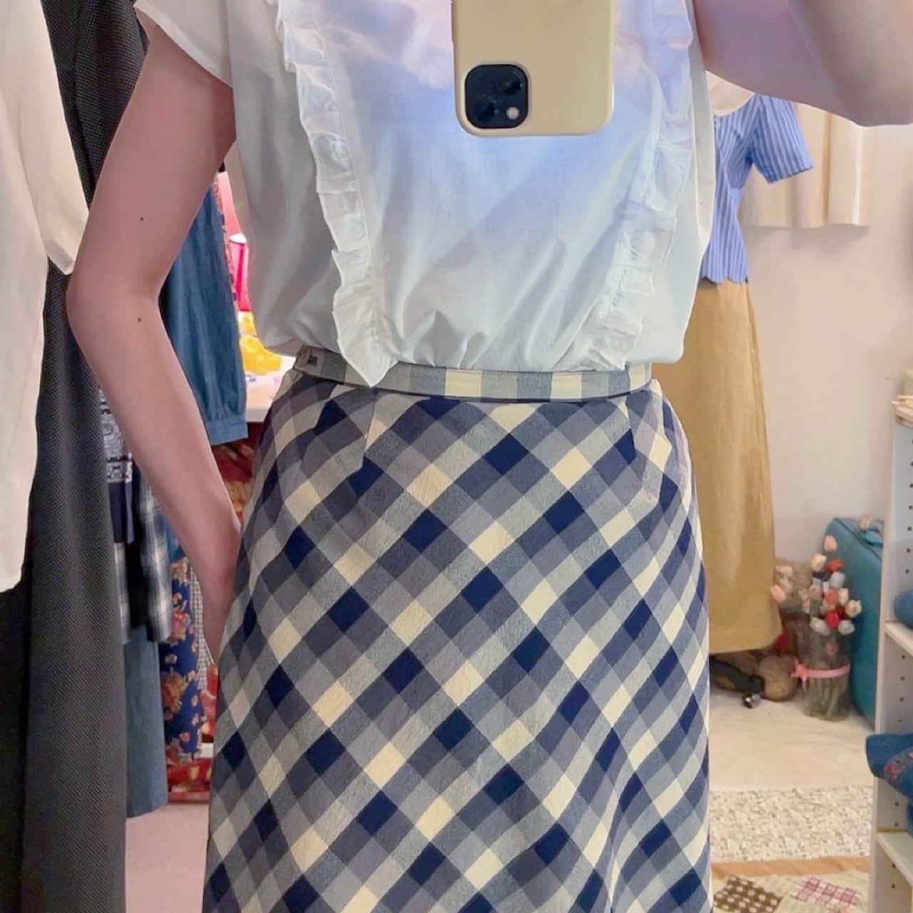 blue ivory check long skirt