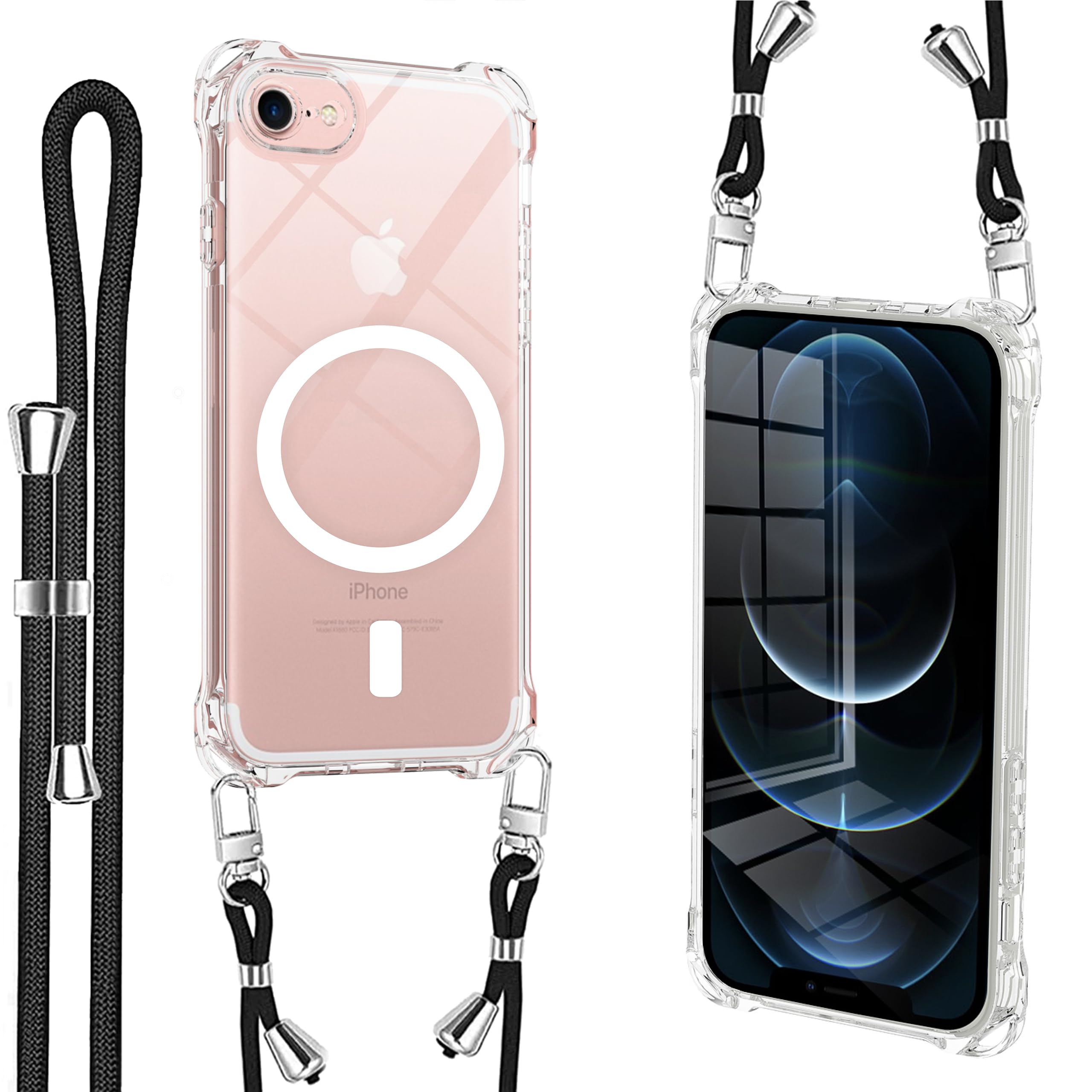 iPhone SE3/SE2/SE/8/7 用 ケース クリア magsafe対応 マグネット搭載 ショルダー ストラップ付 携帯カバー 耐衝撃 全面保護 アイフォンSE 用 ソフトTPU 純透明 スマホケース 紐付き 肩がけ 首掛け 縄掛けケース 落下防止 紛失防止【き調節可能 取り外し可能 】TPU 薄型 軽量 Qiワイヤレス充電対応【いphone SE3/SE2/SE/8/7クリア】
