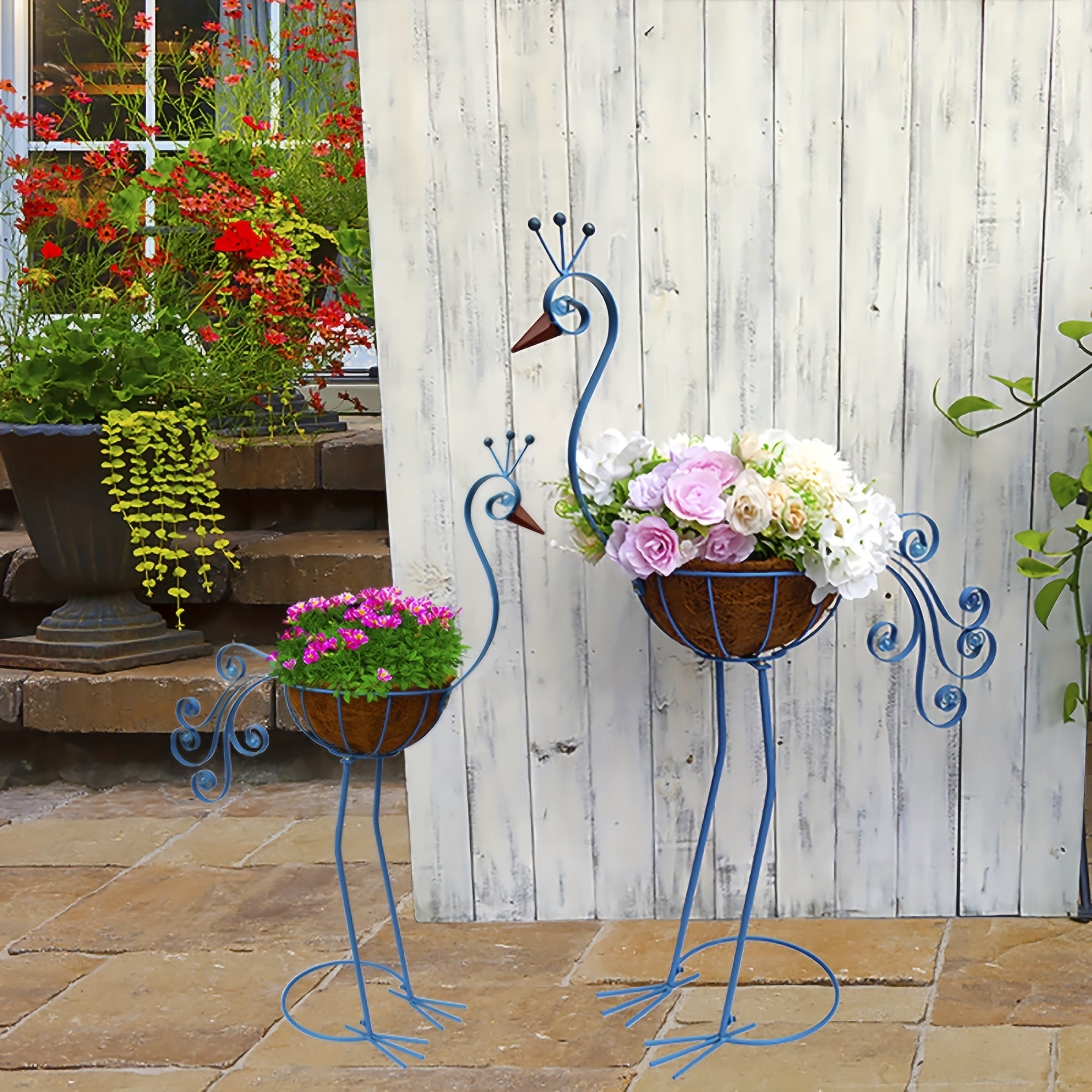 植木鉢 フラワーバスケット プランター 2個セット メタル 孔雀 ピーコック 鳥 青 ブルー 部屋の装飾 家の装飾 庭 ガーデン インテリア