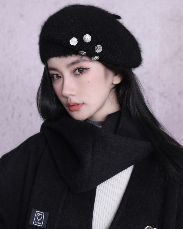 モヘアボタンニットベレー帽（2 colors） 2609144