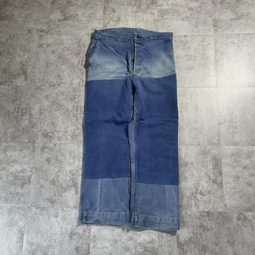 40-50s フレンチワーク パッチワーク モールスキン ブルー パンツ W34