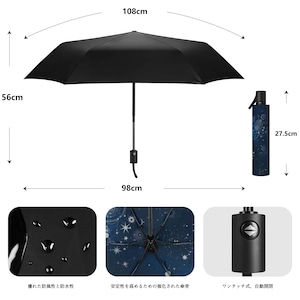 雨の中でも星空の世界を楽しめる、天体総柄（シルバー） 晴雨兼用 折りたたみ傘・日傘（内側プリント・外側ブラック）