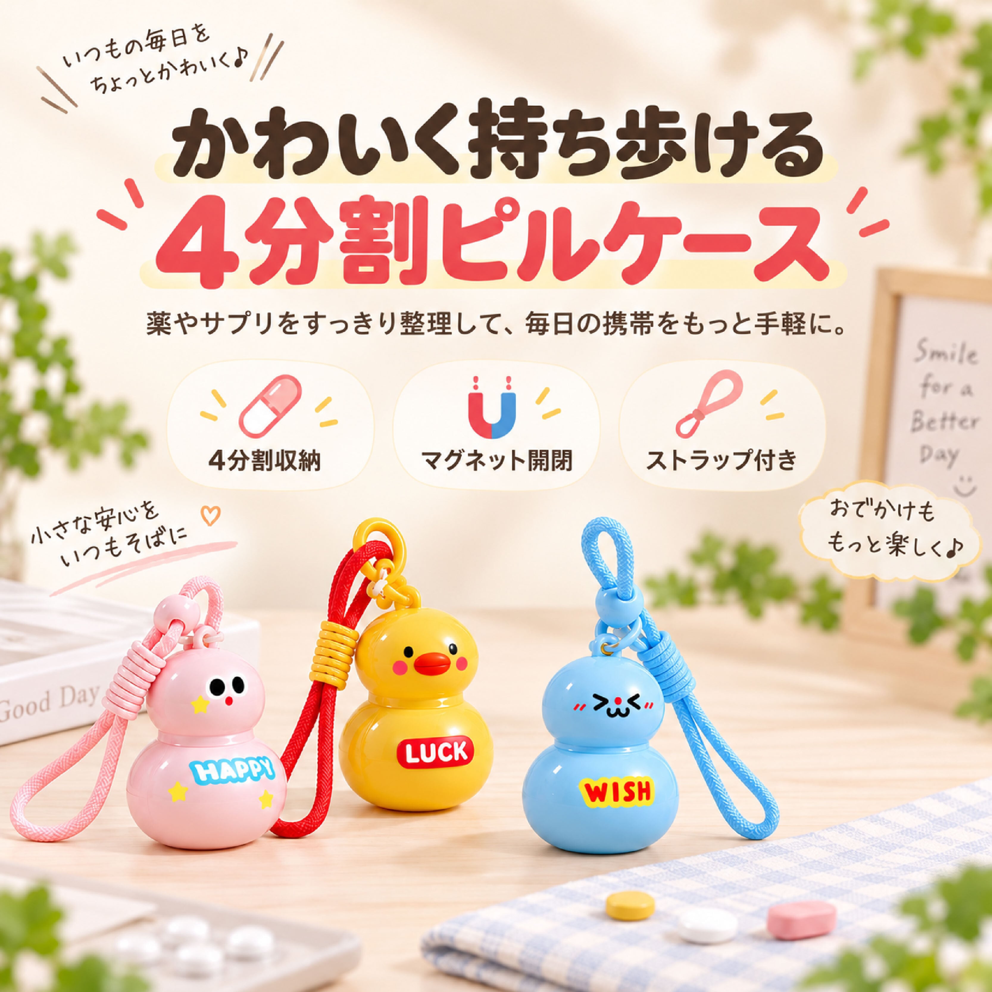 HY 1040 .携帯用ピルケース 2個セット 4分割 マグネット式 薬ケース