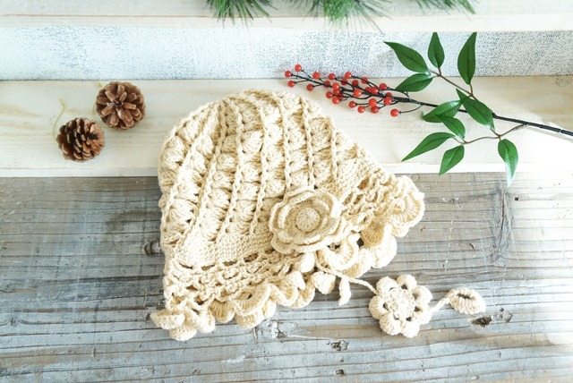 Knit frill hat antique flower motif ● 編み物フリルニット帽子ハンドメイド