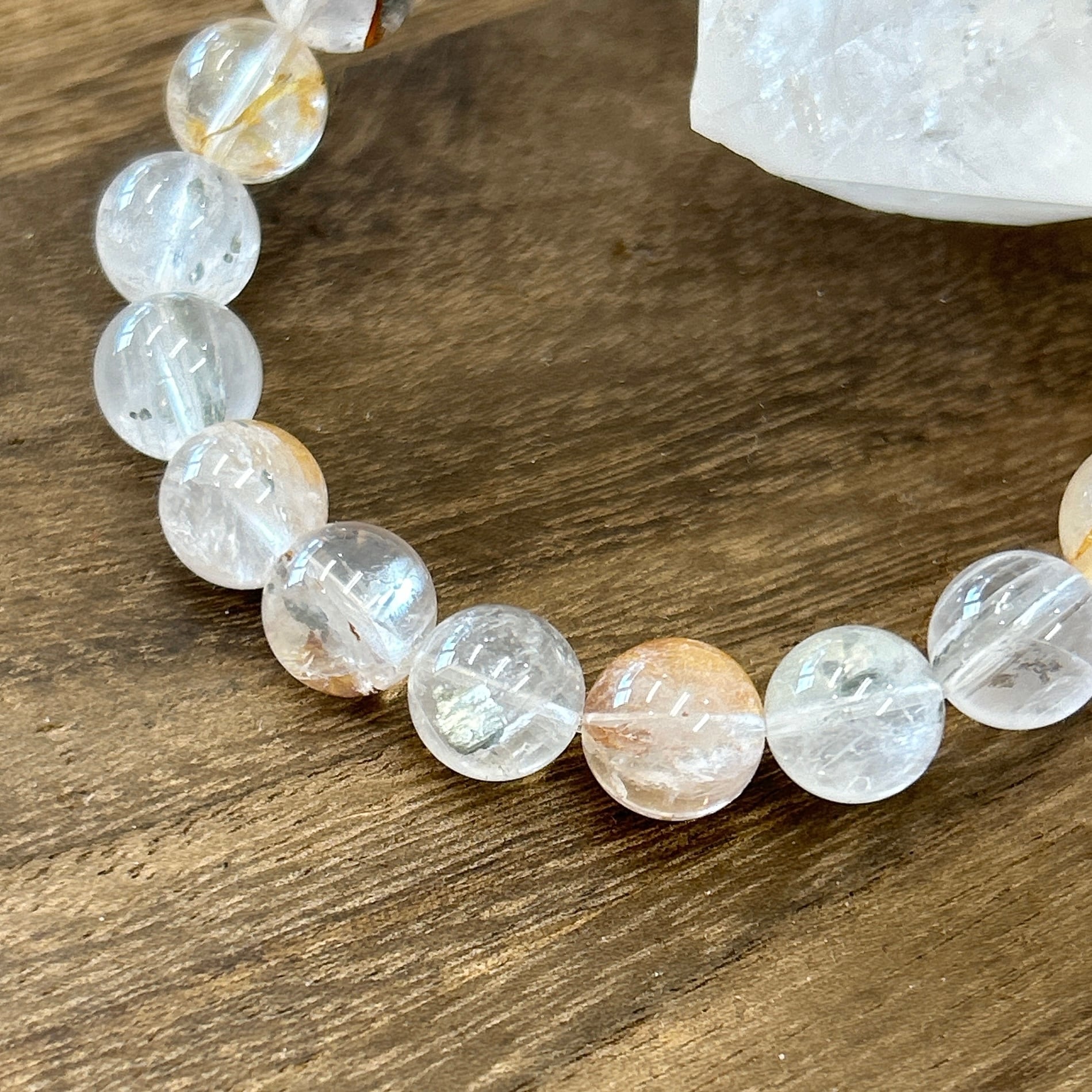 宝石入り】マーカサイト&ライモナイトインクォーツ♪9.5ミリ♪天然石