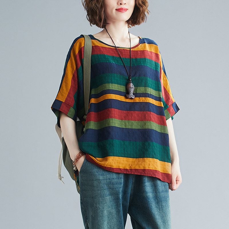 STRIPE CREW PRINT SHORT SLEEVE LOOSE T-SHIRT M-17974