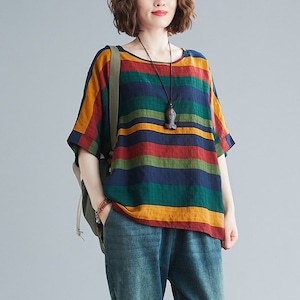 STRIPE CREW PRINT SHORT SLEEVE LOOSE T-SHIRT M-17974