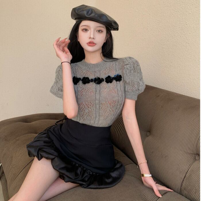 サマーFlowerデザイン ショートセーター レッドトップス シャツ レディース 夏物 フラワーデザイン ドラファッションホール30074888758