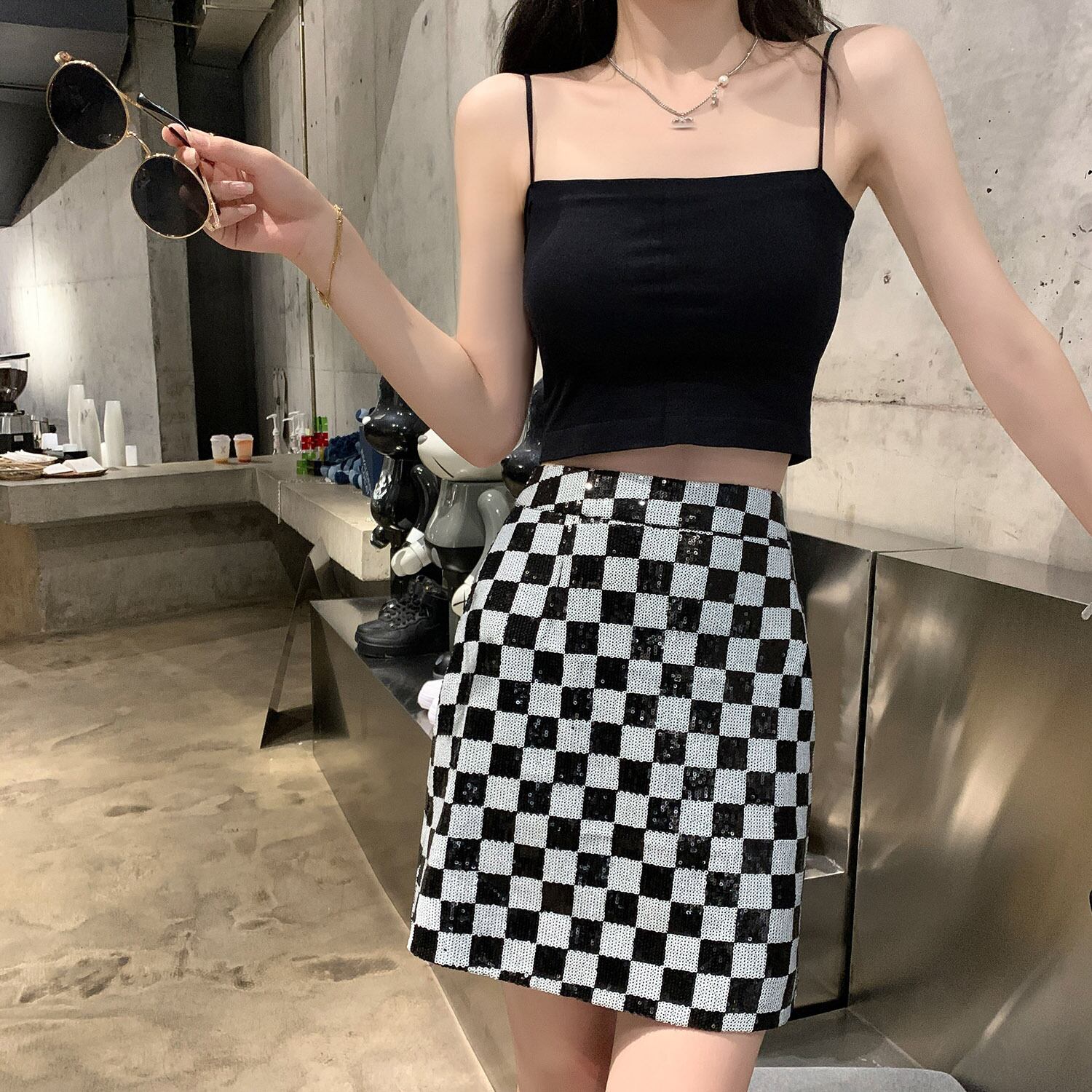 ウェストAラインブラックホワイトスカート サマー薄手レディース レッド 夏物 HUCHUJING84054020636