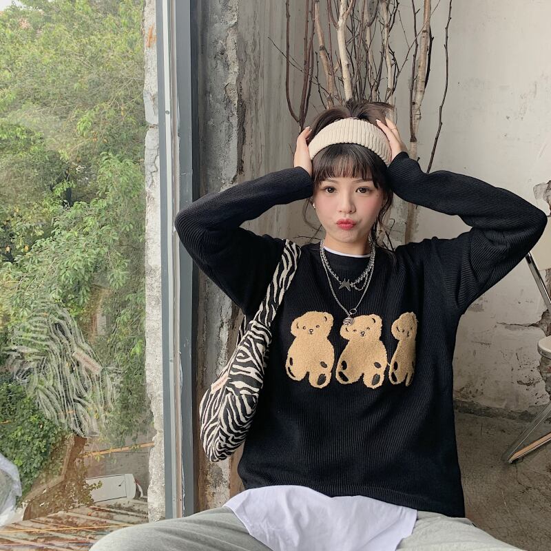 クマ刺繍黒ニットセーター女性秋ルーズ長袖セータージャケット2020新しいアウターウェアプルオーバートップ ブラックストロベリース62427162712