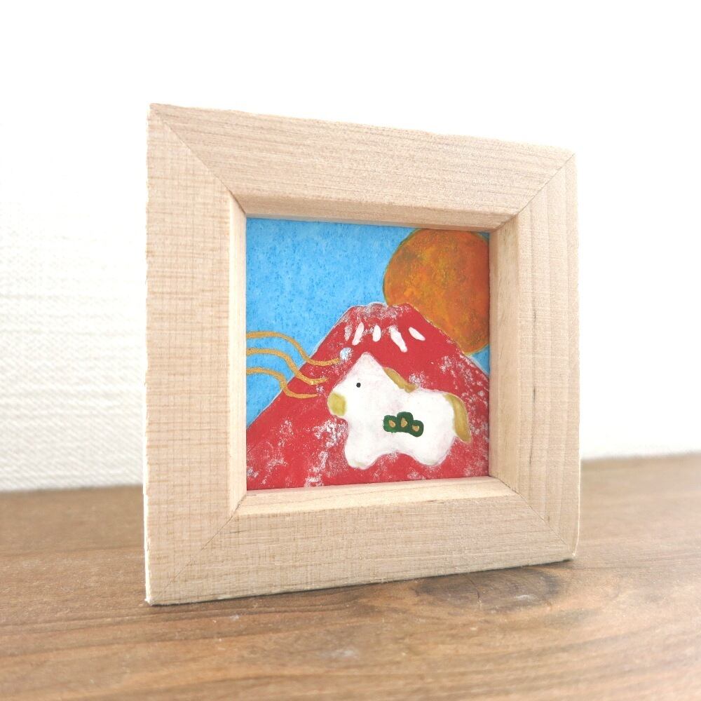 日本画原画】赤富士と初日の出と干支の馬 と黄金の風（正方形） ミニ