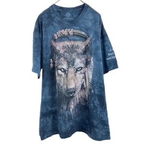 『VINTAGE Mexico製 THE MOUNTAIN wolf animal headphone feather studs Rock design big silhouette over size T-shirt』USED 古着 ウルフ オオカミ  アニマル 動物 ビッグ シルエット オーバー サイズ Tシャツ