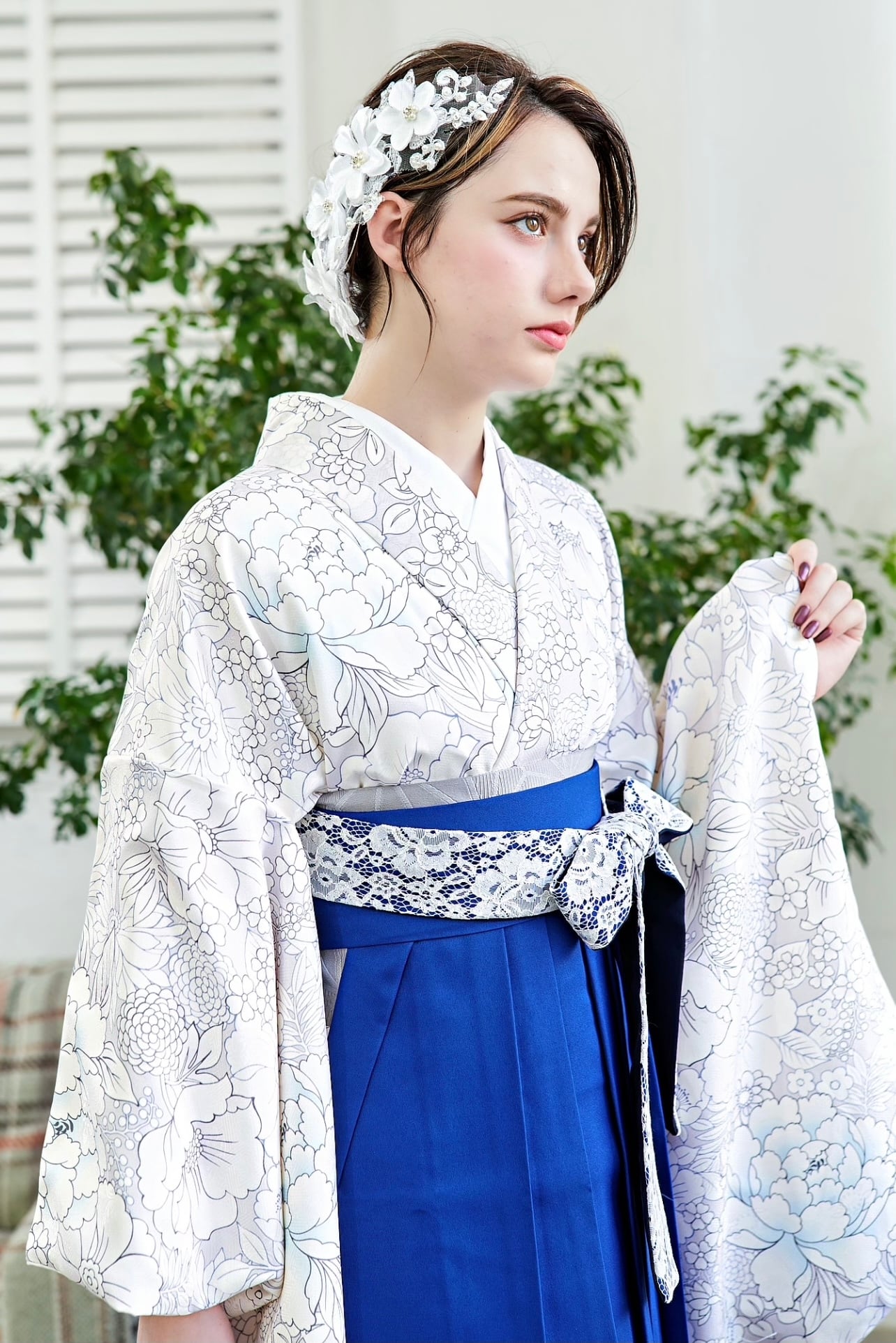 2023年 新作 Kimono Sienne 卒業式袴3点セット ボタニカル 青 ブルー レース袴 二尺袖着物 袴 卒業式 | Kimono  Sienne