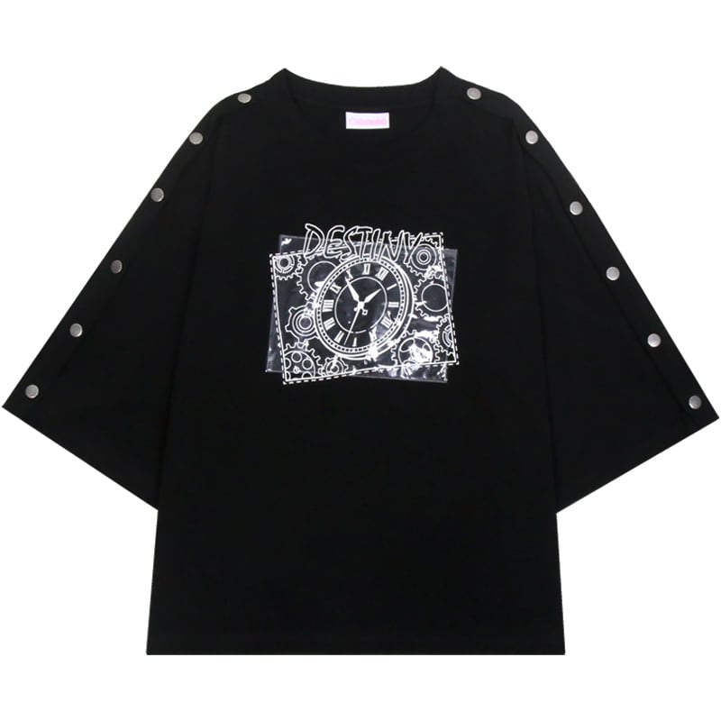 Tシャツ オフショル DESTINY 時計 プリント モノトーン ガーリー 甘め