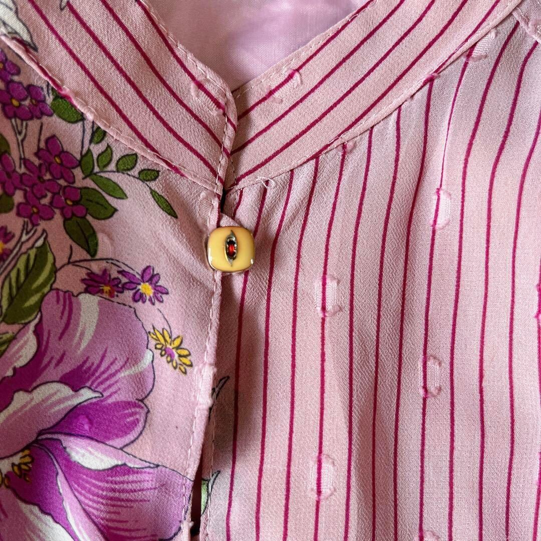 昭和レトロ花柄長袖ロングワンピースベルト付き透け素材ヴィンテージ  