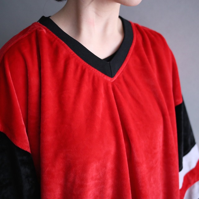 switching design XXXL super over size velours v-neck pullover
