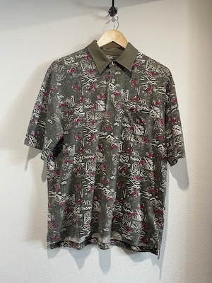 90s〜古着OAK CREEK 蟹総柄 ポロシャツ 民族調 カーキ オリーブ ヴィンテージ vintage Usedclothing