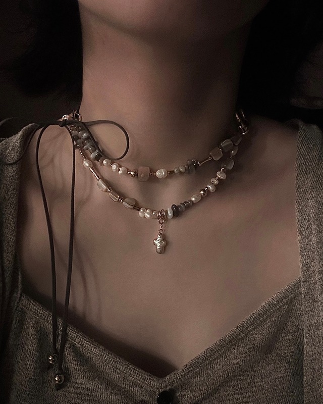 Pearl cross charm leather choker