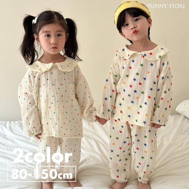 《取寄》総柄コットンリネンルームウェア （全２色） QQMM 2024春 韓国子供服 セットアップ 上下セット パジャマ 部屋着