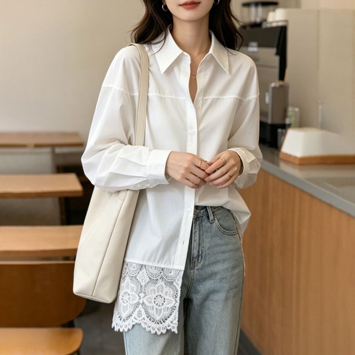 裾レース シャツ 長袖 ブラウス レディース 韓国 春 秋 きれいめ シンプル ゆったり オーバーサイズ 大人 カジュアル レース切り替え おしゃれ ロングシャツ ホワイト 白 大人可愛い 大人女子