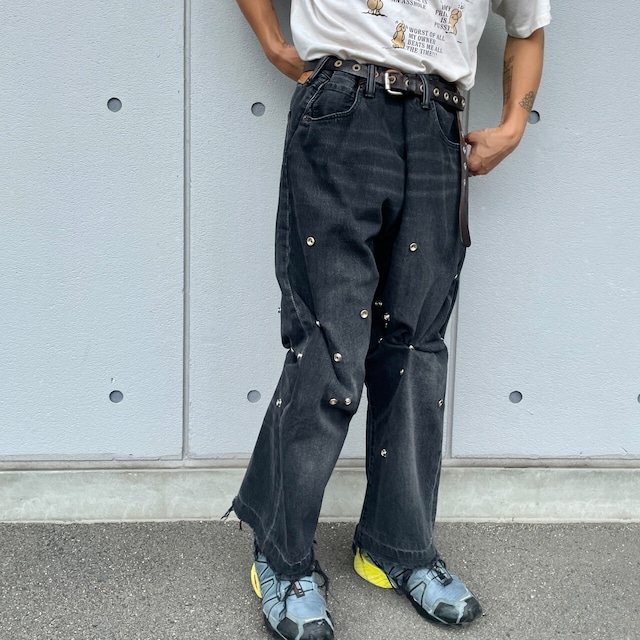 【original】"snap custom 501 black denim pants" Levi's リーバイス ワイドデニムパンツ ブラックデニム  ジーンズ オリジナル リメイクデニム カスタム  メンズW40 古着 黒 【ロングパンツ】【SS2401-30】