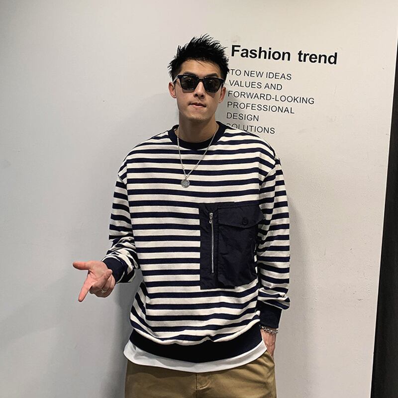 ストライプセーター ポケットジャケット ラウンドネックトップス Oネック ステッチ Xu_Tailang10446386601