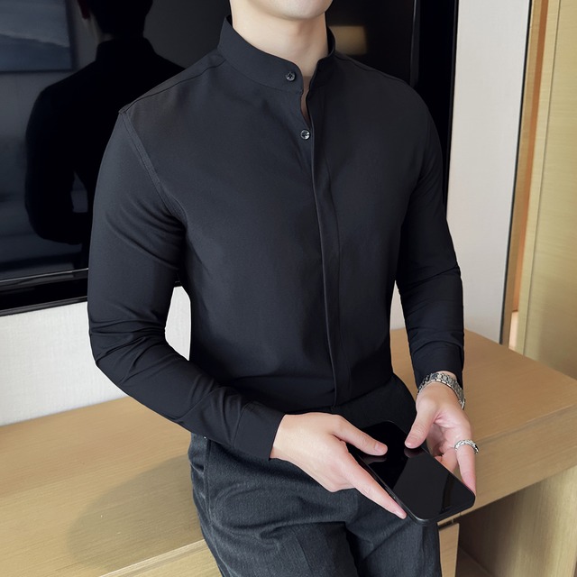スタンドカラー 隠しボタン スリムシャツ KA0939